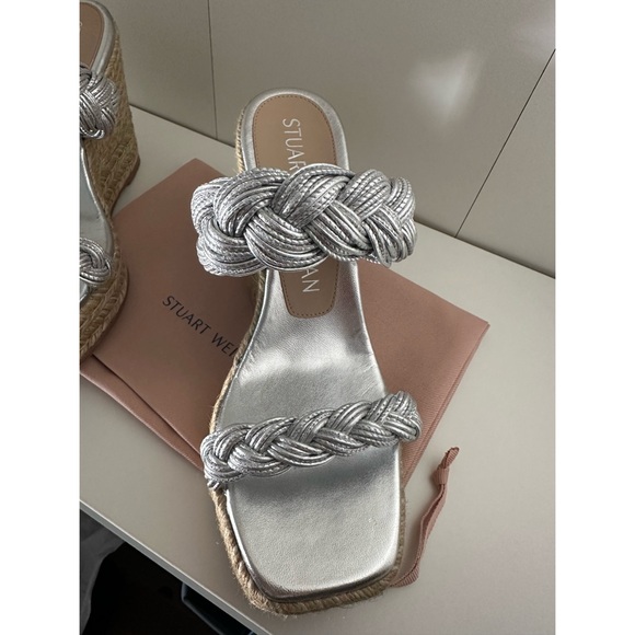 STUART WEITZMAN BRAIDA ESPADRILLE SLIDE SANDALS LIQUID METALLIC SILVER NIB 7.5 - Picture 5 of 11